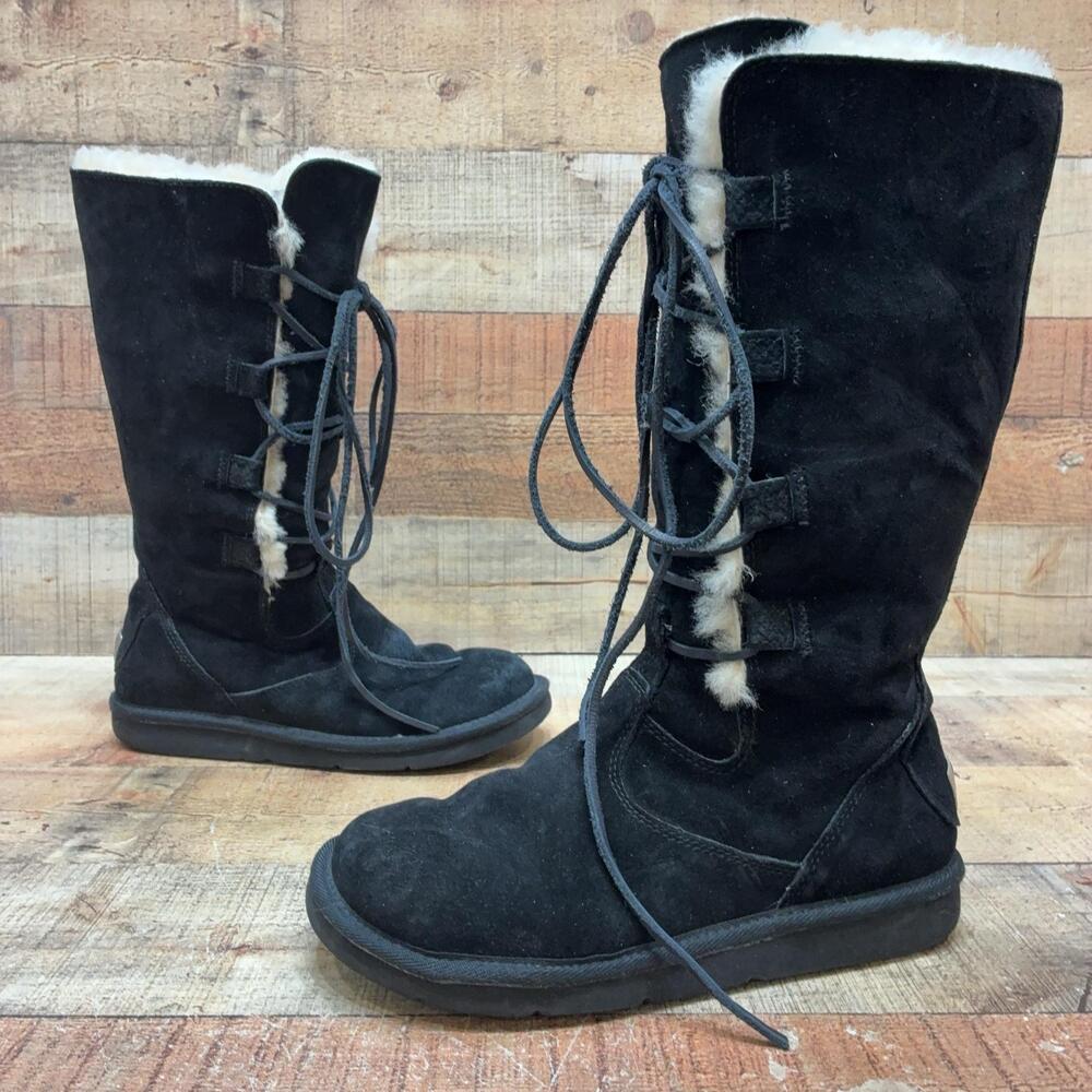 UGG SN 5122 Boots Womens Size 9 40 Black Suede Shearling Mid Calf Lace Up Winter